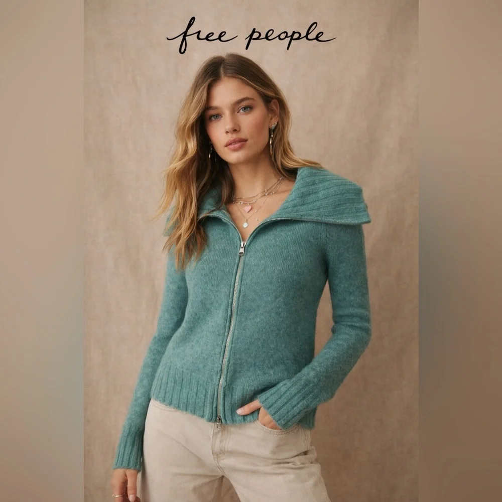 Free People Seafoam Double Zip Sweater XS Collar Ribbed Closet Y2K